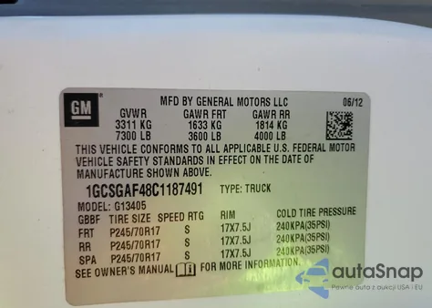 2012 Chevrolet Express G1500 z USA, uszkodzony, nr VIN 1GCSGAF48C1187491